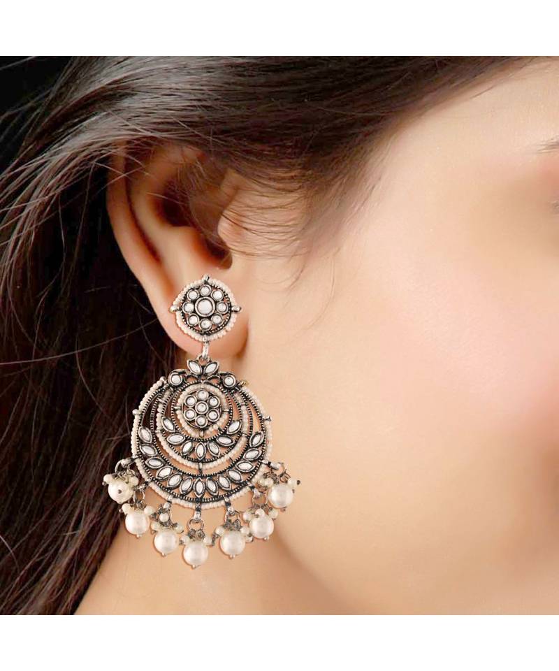 Silver Oxidised Intricately Designed Traditional Beaded Chandbali Earrings Glided With Kundans & Pearls 