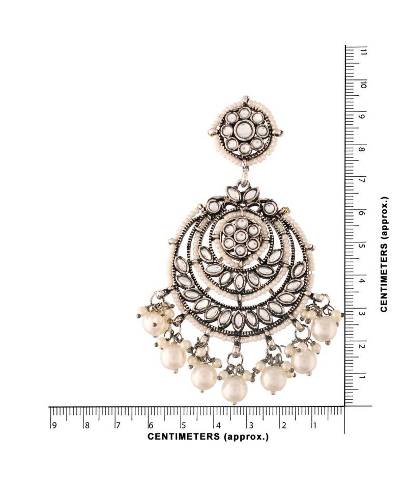 Silver Oxidised Intricately Designed Traditional Beaded Chandbali Earrings Glided With Kundans & Pearls 