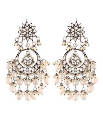 Silver Oxidised Traditional Handcrafted Pearl Kundan Beaded Chandbali Earrings for   Girls  1