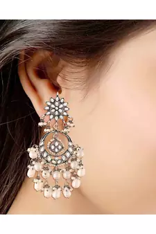 Silver Oxidised Traditional Handcrafted Pearl Kundan Beaded Chandbali Earrings for   Girls 