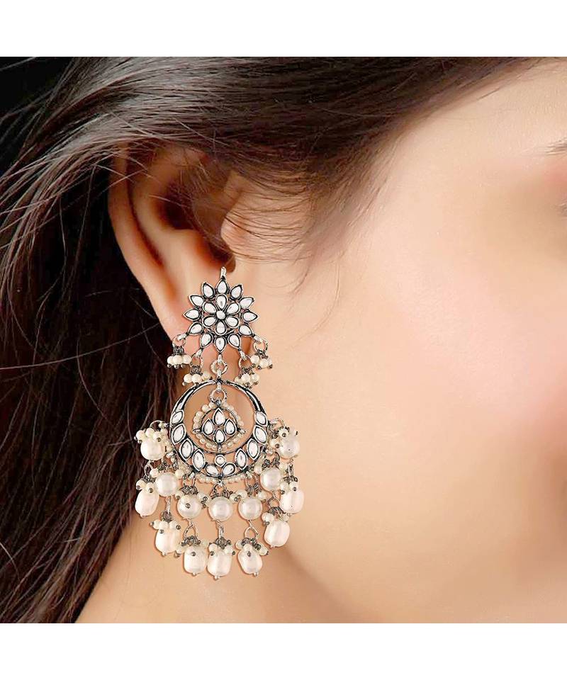 Silver Oxidised Traditional Handcrafted Pearl Kundan Beaded Chandbali Earrings for   Girls 