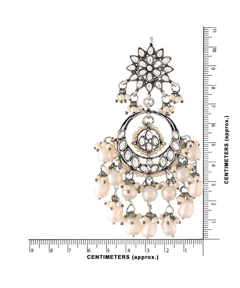Silver Oxidised Traditional Handcrafted Pearl Kundan Beaded Chandbali Earrings for   Girls 