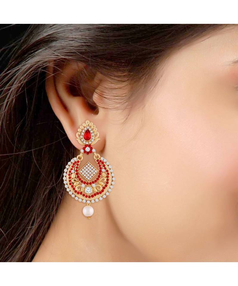Gold Plated Traditional Stone Studded Drop Earrings For   (E2343R)