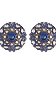 Silver Oxidized Kundan Studded Meena Work Designer Circular Stud Earrings for   (E2931ZBl)