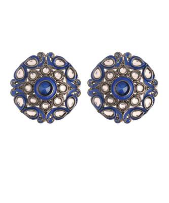 Silver Oxidized Kundan Studded Meena Work Designer Circular Stud Earrings for    1