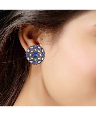 Silver Oxidized Kundan Studded Meena Work Designer Circular Stud Earrings for    2