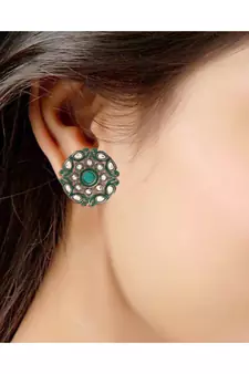 Silver Oxidized Kundan Studded Meena Work Designer Circular Stud Earrings for  