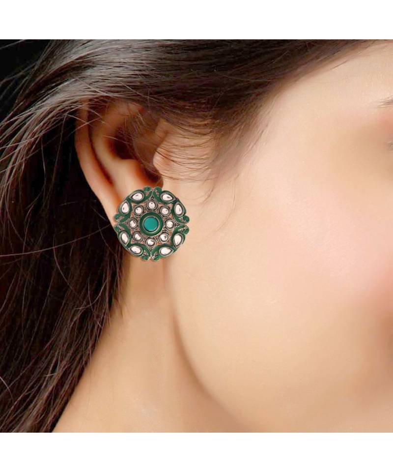Silver Oxidized Kundan Studded Meena Work Designer Circular Stud Earrings for  