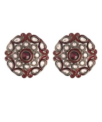 Silver Oxidized Kundan Studded Meena Work Designer Circular Stud Earrings for   1