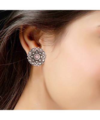 Silver Oxidized Kundan Studded Meena Work Designer Circular Stud Earrings for   2