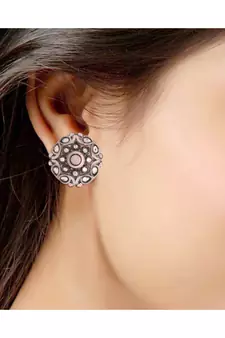 Silver Oxidized Kundan Studded Meena Work Designer Circular Stud Earrings for  