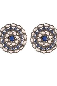 Silver Oxidized Kundan Studded Meena Work Designer Circular Stud Earrings for  (E2932ZBl)