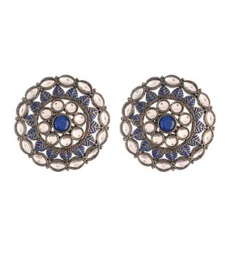 Silver Oxidized Kundan Studded Meena Work Designer Circular Stud Earrings for   1