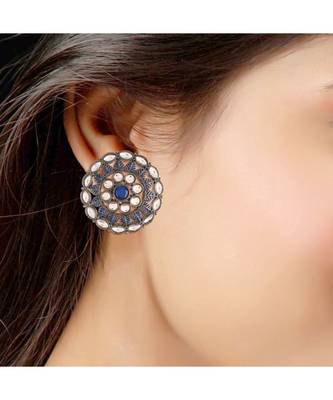 Silver Oxidized Kundan Studded Meena Work Designer Circular Stud Earrings for   2