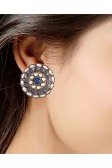 Silver Oxidized Kundan Studded Meena Work Designer Circular Stud Earrings for  