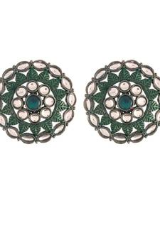 Silver Oxidized Kundan Studded Meena Work Designer Circular Stud Earrings for  (E2932ZG)
