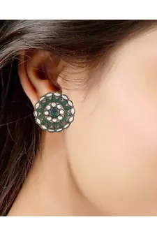 Silver Oxidized Kundan Studded Meena Work Designer Circular Stud Earrings for  
