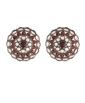Silver Oxidized Kundan Studded Meena Work Designer Circular Stud Earrings for   1