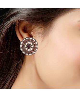 Silver Oxidized Kundan Studded Meena Work Designer Circular Stud Earrings for   2