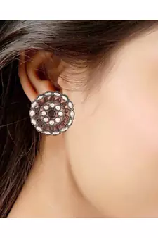 Silver Oxidized Kundan Studded Meena Work Designer Circular Stud Earrings for  