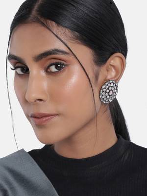 Silver Oxidized Kundan Studded Meena Work Designer Circular Stud Earrings for   1