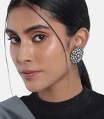 Silver Oxidized Kundan Studded Meena Work Designer Circular Stud Earrings for  