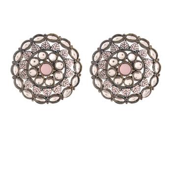 Silver Oxidized Kundan Studded Meena Work Designer Circular Stud Earrings for   2