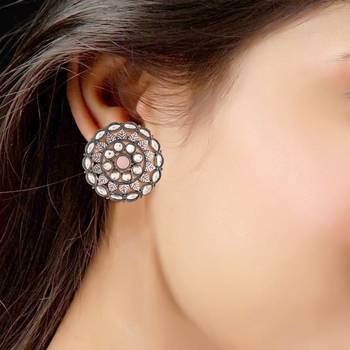Silver Oxidized Kundan Studded Meena Work Designer Circular Stud Earrings for   3