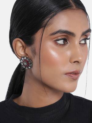 Silver Oxidized Kundan Studded Meena Work Designer Circular Stud Earrings for   1