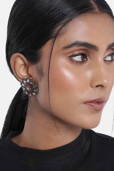 Silver Oxidized Kundan Studded Meena Work Designer Circular Stud Earrings for  (E2933ZM)