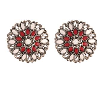Silver Oxidized Kundan Studded Meena Work Designer Circular Stud Earrings for   2