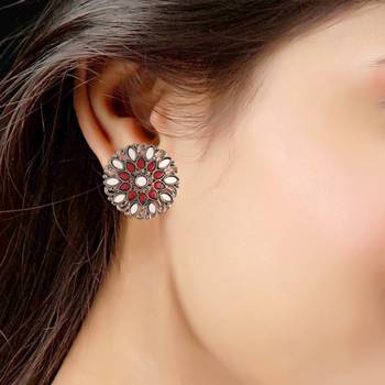 Silver Oxidized Kundan Studded Meena Work Designer Circular Stud Earrings for   3