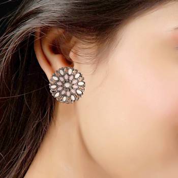 Silver Oxidized Kundan Studded Meena Work Designer Circular Stud Earrings for  (E2933ZPi) 3