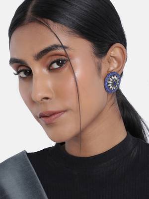 Silver Oxidized Kundan Studded Meena Work Designer Circular Stud Earrings for   1