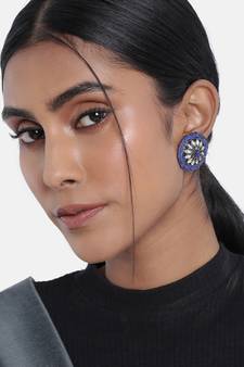Silver Oxidized Kundan Studded Meena Work Designer Circular Stud Earrings for  (E2934ZBl)