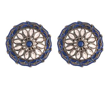 Silver Oxidized Kundan Studded Meena Work Designer Circular Stud Earrings for   2