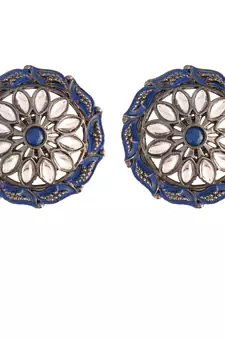 Silver Oxidized Kundan Studded Meena Work Designer Circular Stud Earrings for  