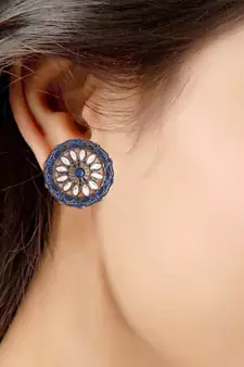 Silver Oxidized Kundan Studded Meena Work Designer Circular Stud Earrings for  