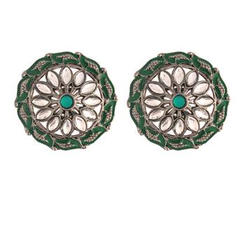 Silver Oxidized Kundan Studded Meena Work Designer Circular Stud Earrings for   2
