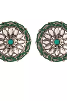 Silver Oxidized Kundan Studded Meena Work Designer Circular Stud Earrings for  
