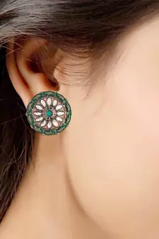Silver Oxidized Kundan Studded Meena Work Designer Circular Stud Earrings for  