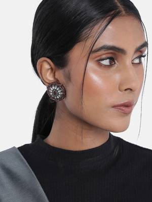 Silver Oxidized Kundan Studded Meena Work Designer Circular Stud Earrings for   1