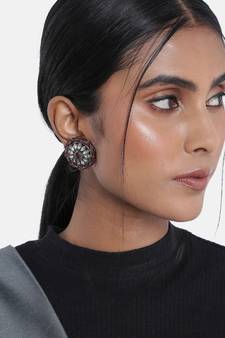 Silver Oxidized Kundan Studded Meena Work Designer Circular Stud Earrings for  (E2934ZM)
