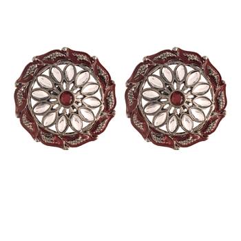 Silver Oxidized Kundan Studded Meena Work Designer Circular Stud Earrings for   2