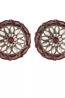Silver Oxidized Kundan Studded Meena Work Designer Circular Stud Earrings for  