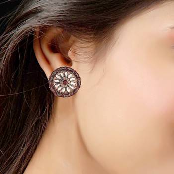 Silver Oxidized Kundan Studded Meena Work Designer Circular Stud Earrings for   3