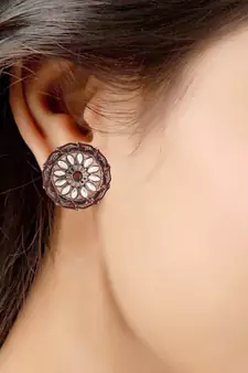 Silver Oxidized Kundan Studded Meena Work Designer Circular Stud Earrings for  