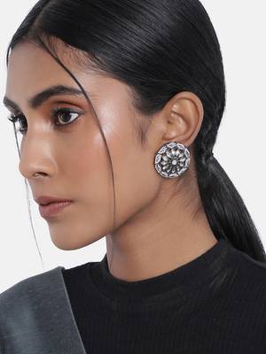 Silver Oxidized Kundan Studded Meena Work Designer Circular Stud Earrings for   1