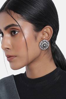 Silver Oxidized Kundan Studded Meena Work Designer Circular Stud Earrings for  (E2934ZPi)