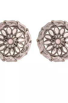 Silver Oxidized Kundan Studded Meena Work Designer Circular Stud Earrings for  